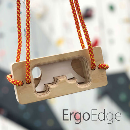 Ergo dual-design ergonomic hangboard close-up showing standard and ergonomic edges for climber finger strength training